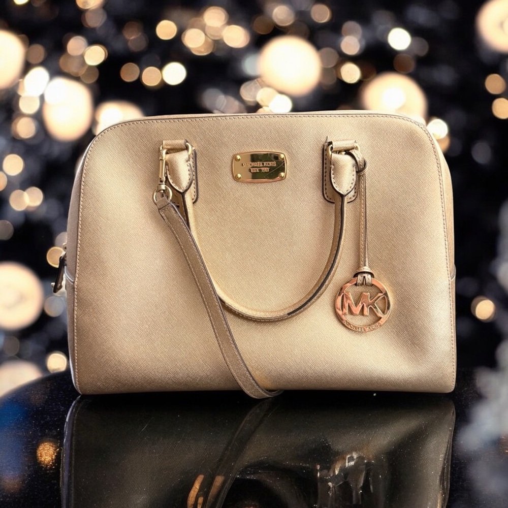 Michael Kors Gold Saffiano Leather Satchel w/ Strap + Bag Scarf - Picture 3 of 15